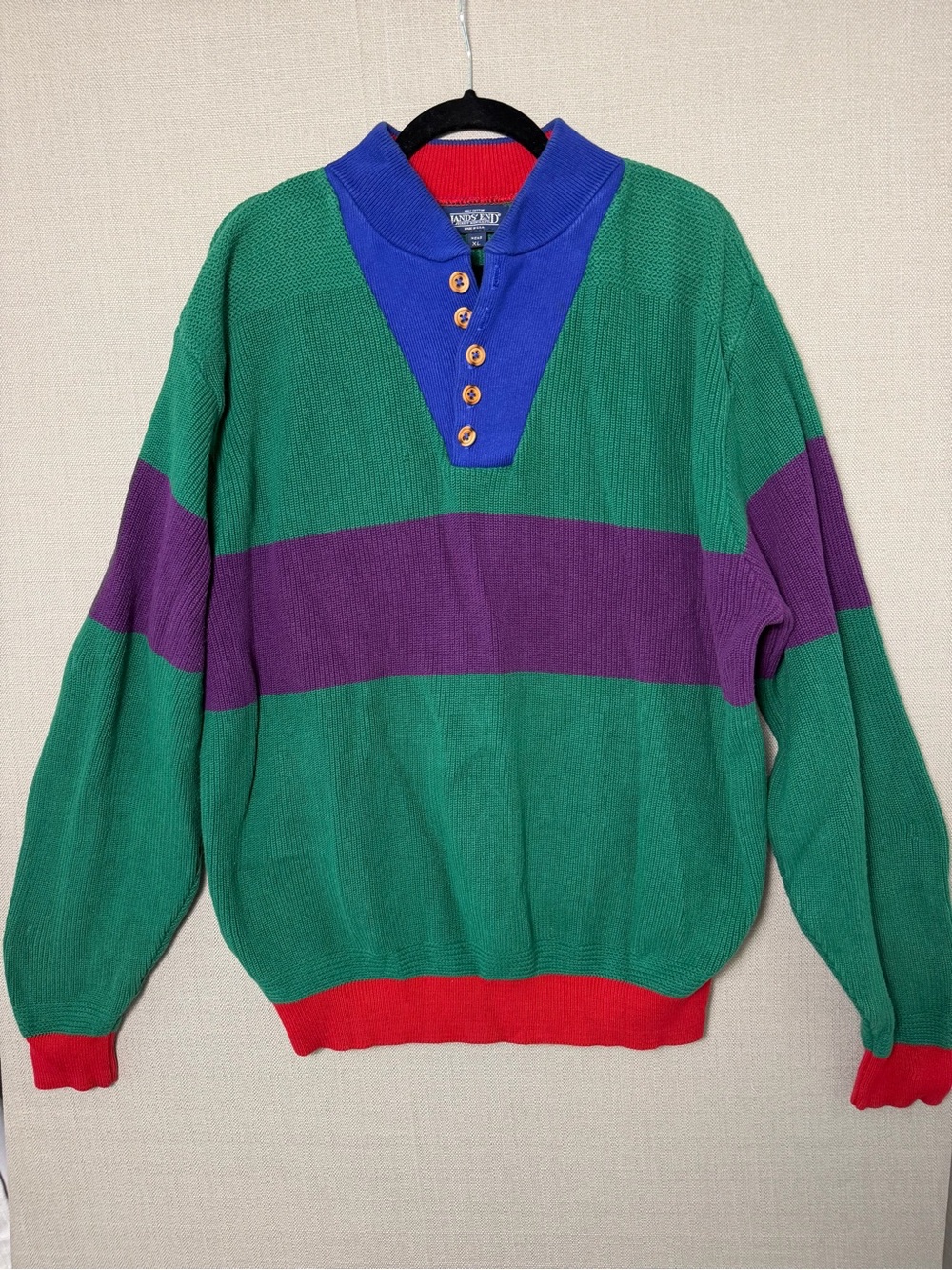 Vintage 80s/90s Lands End Color Block Henley Chunky Knit Sweater, Mens XL